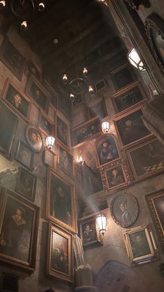 the ceiling is covered with paintings and lights