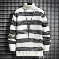 Stretwear Casual sweater High-Neck Striped Slim Fit Knittwear – InGoDeal Sweaters Winter, Winter Turtleneck, Couples Sweaters, Striped Knitted Sweater, Turtleneck Style, Winter Chic, Fitted Turtleneck, Winter Pullover, Striped Turtleneck