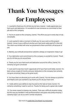 Thank You Messages for Employees Printable Positive Culture At Work, Thank You Employee, 1:1 Meetings With Employees, Employee Recognition Quotes, Employee Appreciation Quotes, Recognition Quotes, Business Writing Skills, Out Of Office Message, Motivate Employees