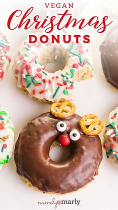 vegan christmas donuts with chocolate frosting and sprinkles on top