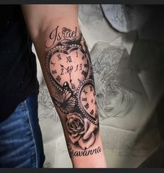 a woman's arm with a clock and roses tattoo on it