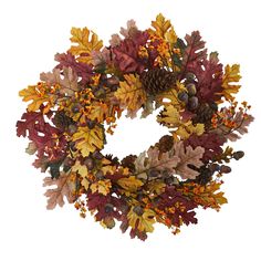 a wreath with autumn leaves and acorns