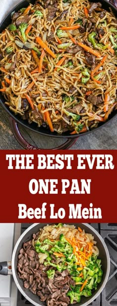 an easy one pan beef lo mein recipe with vegetables and noodles