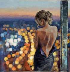 a painting of a woman looking out over a city at night with lights in the background