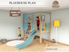 the children are playing in the play house with their slide and ladders on the floor