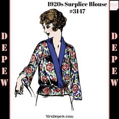 a drawing of a woman wearing a robe with flowers on it and the words, 1920's supple blouse 31 / 17?