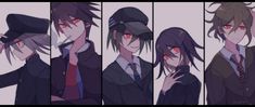 four different images of an anime character with long black hair and red eyes, wearing a suit