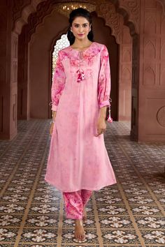 Cherry blossom pink kurta with prints, tassels, coin and sequin work. Comes with matching printed pant. - Aza Fashions Mithila Palkar, Pink Kurta, Cherry Blossom Print, Diana Penty, Blossom Print, Luxury Sale, Shraddha Kapoor, Modern Bride, Pant Set