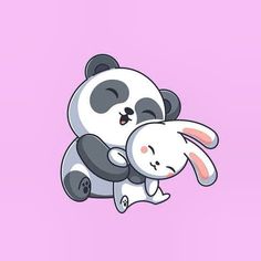 a panda bear hugging a rabbit on top of it's back in the air