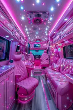 the inside of a limo with pink leather seats and purple lights on the ceiling,