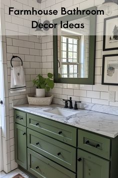 Use white subway tiles for a clean look. Feature green cabinets for a pop of color. Add a marble countertop for elegance. Incorporate black fixtures for contrast. Use a framed mirror and simple decor to complete the look. Black White Gray Green Bathroom, Subway Tiles Bathroom Ideas, Green Black Bathroom Ideas, Green Rustic Bathroom, Green Black And White Bathroom, Black White And Green Bathroom, Green And White Bathroom Ideas, Colonial Style Bathroom, Green Cabinets Bathroom