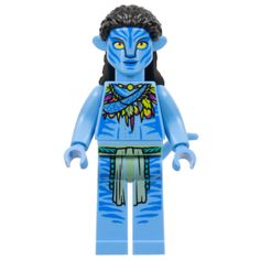 a lego figure with blue skin and black hair