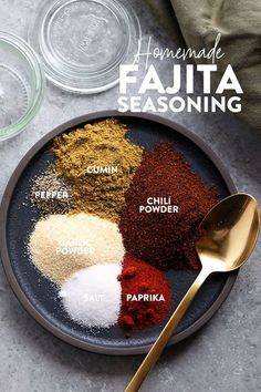 the ingredients for homemade fajita seasoning on a plate