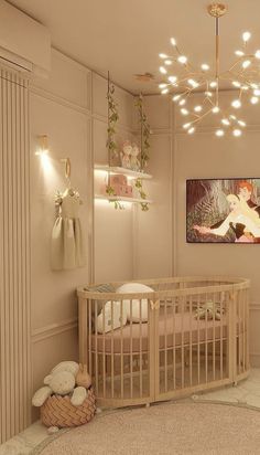 a baby's room with a crib, lights and pictures on the wall