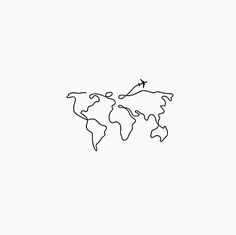 a black and white drawing of the world map with an airplane flying over it's top