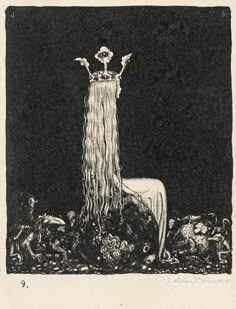 an image of a woman with long hair standing in the middle of a group of dead animals