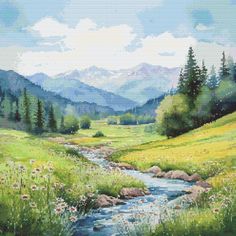 a painting of a stream running through a lush green field with mountains in the background