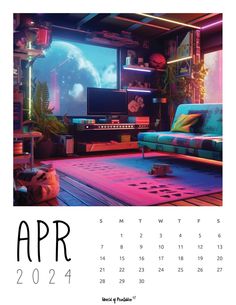 a wall calendar with an image of a living room in the style of neon art