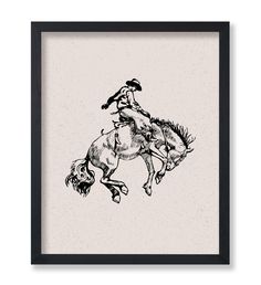 a black and white drawing of a man riding a horse