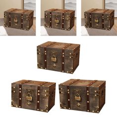 four different pictures of an old trunk with locks and chains on the front, side, and back sides