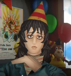 an animated image of a woman wearing a party hat and holding her hand up to her face