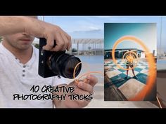 a man holding a camera next to a photo with the words creative photography tricks on it