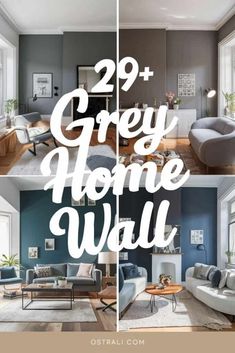 grey and blue living room with text overlay that reads 29 + grey home wall