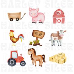 farm animals and farm signs are shown in this image, with the words farm written on them