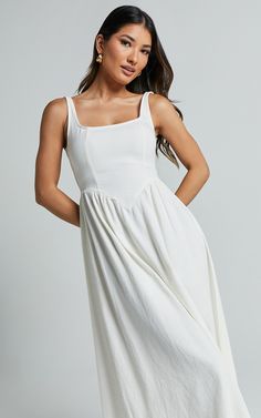 Rhaziya Midi Dress - Sleeveless Straight Neck Fit and Flare Dress in White | Showpo USA Cotton Dress Fabric, Midi Dress Sleeveless, Dress Sleeveless, Fit And Flare Dress, Fit Flare Dress, Classic White, Fit & Flare, Bridal Style, Flare Dress