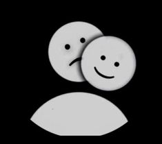 two white buttons with smiley faces on them in front of a black background that says happy