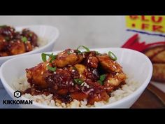 two white bowls filled with chicken and rice