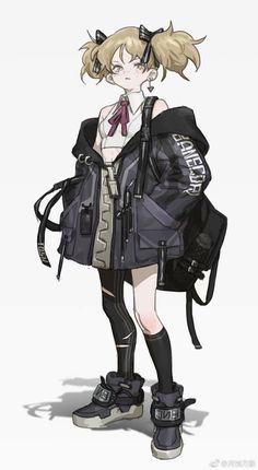 an anime character is holding a backpack and posing for the camera with her hands on her hips