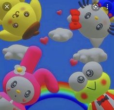 some very cute looking cartoon characters in the air with hearts floating around them and one is holding a cell phone