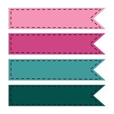 three different colored ribbons with stitching on them, one pink and one teal