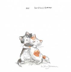 a drawing of two cats hugging each other on a white background with the caption best friend forever