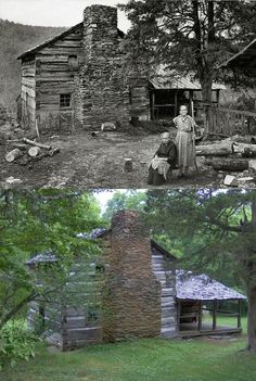 an old and new photo of people in front of a log cabin on the side of a hill