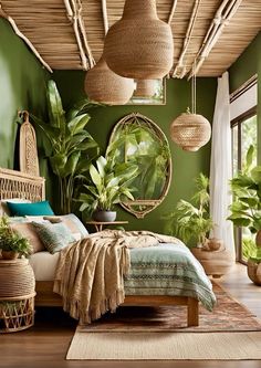 a bedroom with green walls, plants and wicker furniture in the middle of it