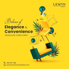 an advertisement for the elegance and convenience modular furniture store, featuring a yellow chair with green accents