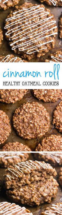 cinnamon roll cookies cooling on a rack with the words healthy oatmeal cookies