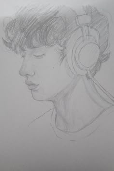 a drawing of a person with headphones on their ears, looking to the side