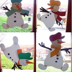 four pictures of snowmen with hats, scarfs and scarves hanging from the window