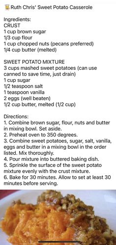 a recipe for sweet potato casserole on a white plate with the instructions below