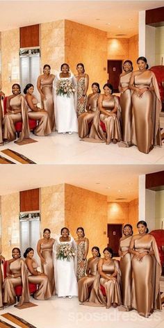 two pictures of women in gold dresses posing for the camera with their mother and sister