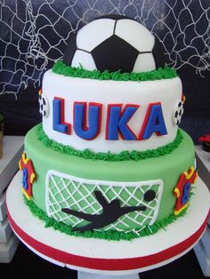 a soccer themed cake with the name luka on it