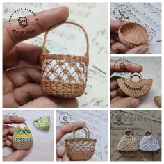 miniature baskets made from wicker are shown in four different pictures, including one with a handle and the other without