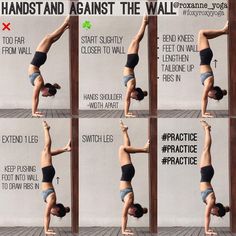 a woman doing yoga poses in front of a wall with instructions on how to do the splits