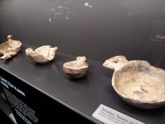 several pieces of pottery on display in a museum