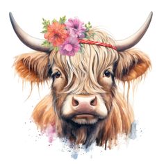 a watercolor painting of a cow with flowers in it's hair and horns