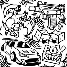 black and white drawing of cars with graffiti on the wall behind them, including an angry bird