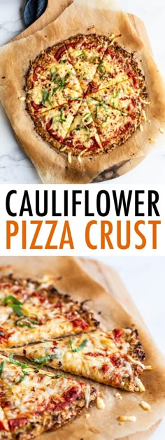 two different types of pizza on wooden cutting boards with text overlay that reads cauliflower pizza crust